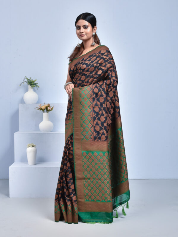 Black Jute Silk Saree with Floral Zari Work - Image 4