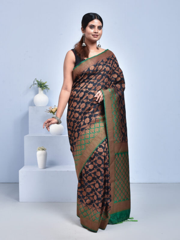 Black Jute Silk Saree with Floral Zari Work - Image 3