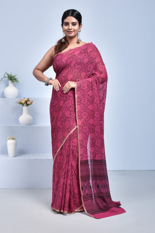 Fuchsia Pink Floral Printed Georgette Saree