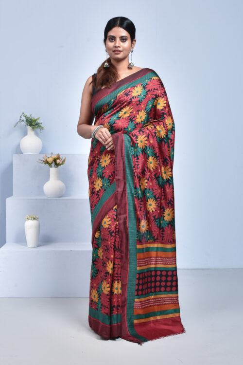 Black Multicolour Floral Printed Manipuri Semi Silk Saree