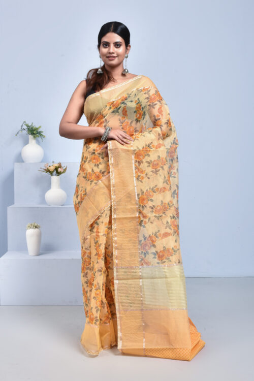 Yellow Banaras Kota Doria Saree with Floral Design