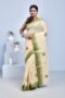 Off-white Hand Embroidered Pure Cotton Saree with Green Border