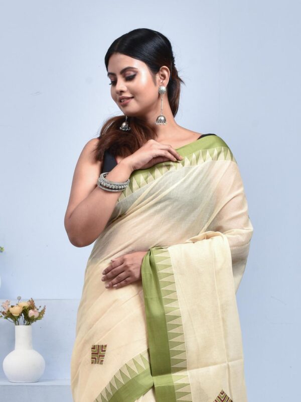 Off-white Hand Embroidered Pure Cotton Saree with Green Border - Image 5