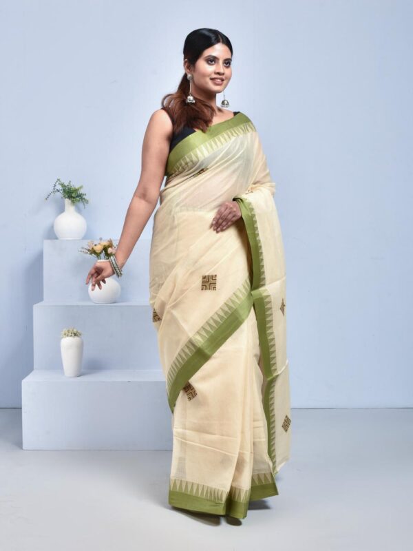 Off-white Hand Embroidered Pure Cotton Saree with Green Border - Image 3