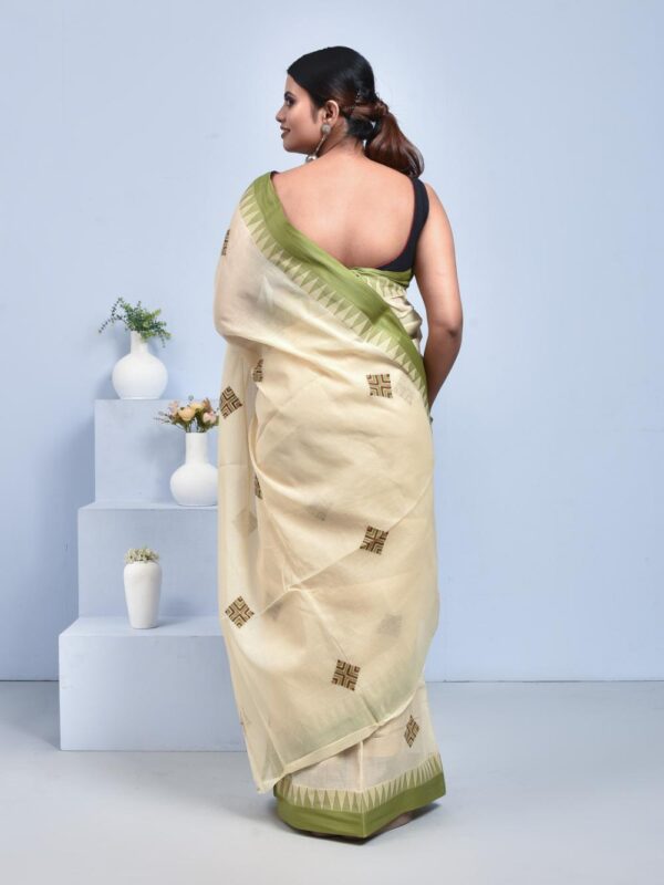 Off-white Hand Embroidered Pure Cotton Saree with Green Border - Image 2