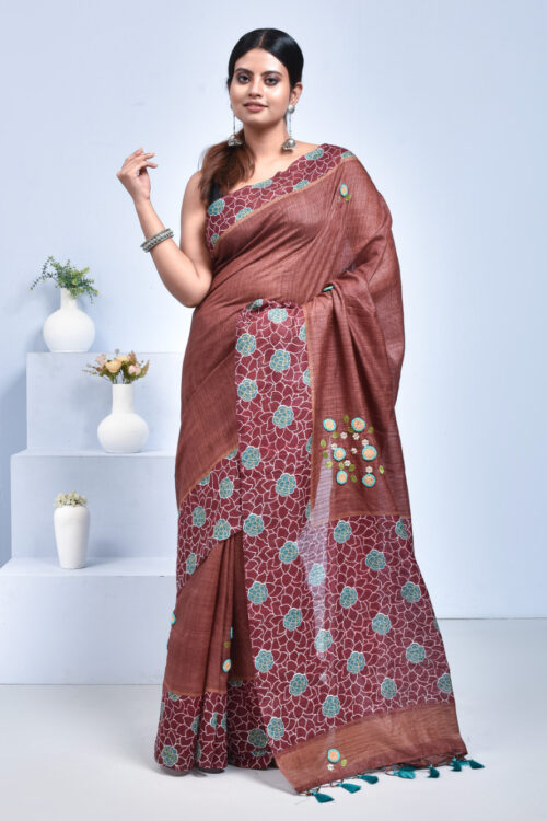 Maroon Floral Printed Semi Silk Saree