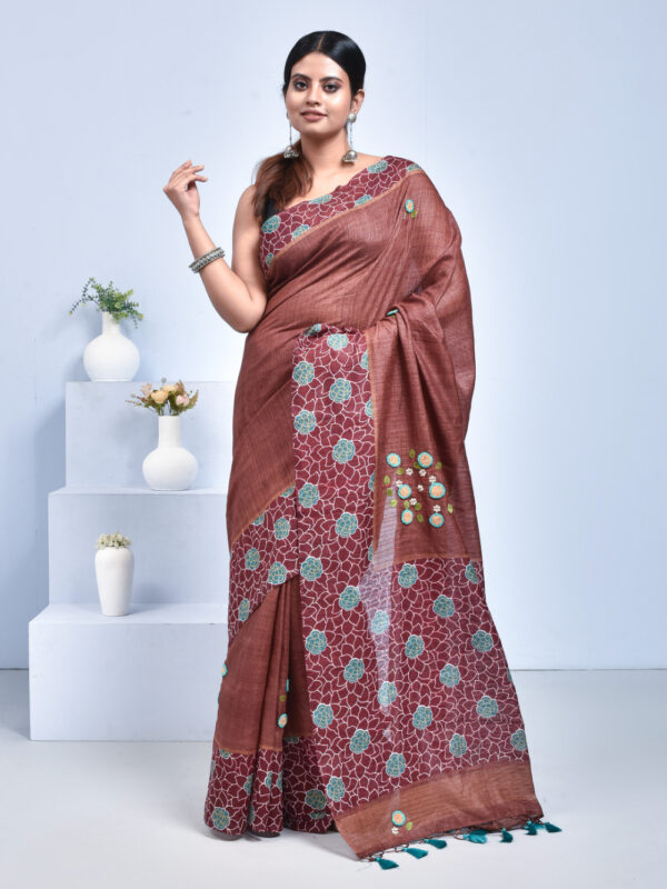 Maroon Floral Printed Semi Silk Saree