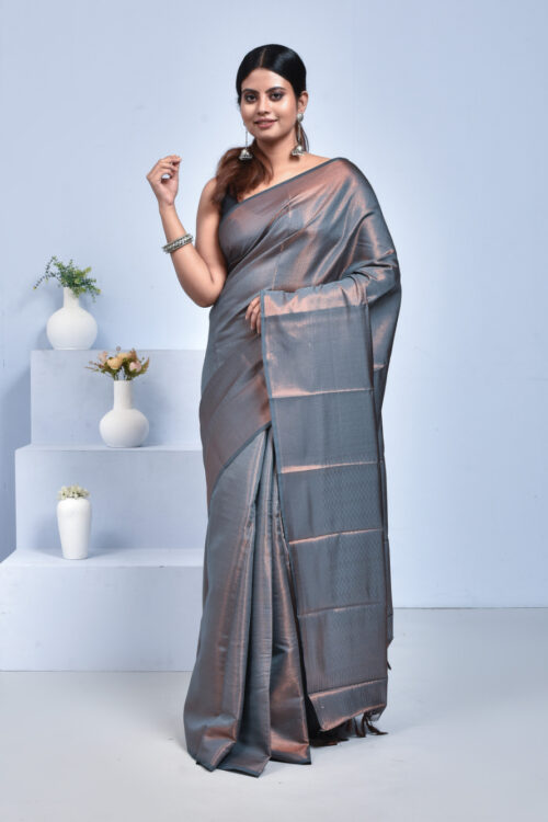 Ash Semi Silk Kanjeevaram Saree with Copper Zari Work