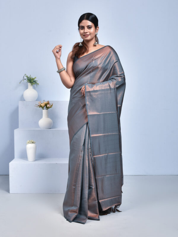 Ash Semi Silk Kanjeevaram Saree with Copper Zari Work