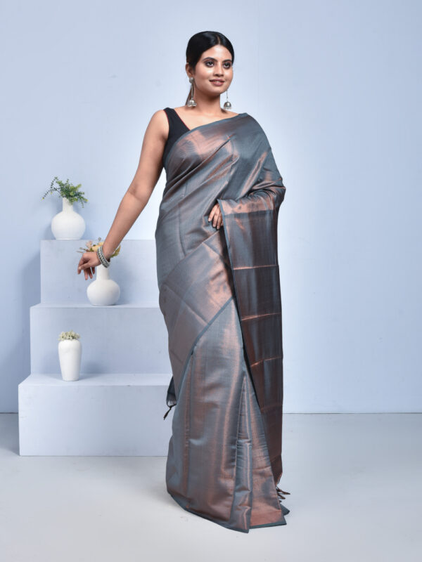Ash Semi Silk Kanjeevaram Saree with Copper Zari Work - Image 3