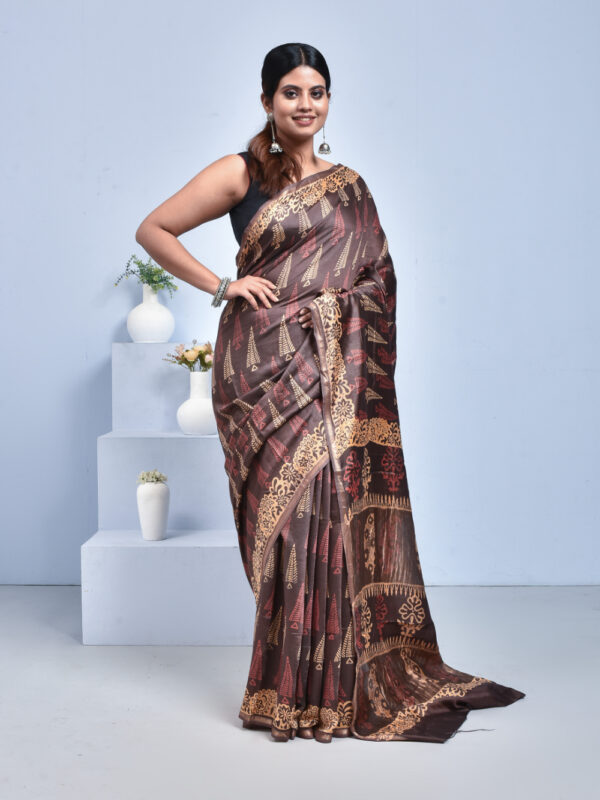 Brown Pine Design Block Printed Maheshwari Semi Silk Saree - Image 2