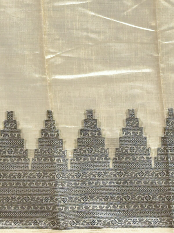 Beige Kanjeevaram Tussar Silk Saree with Temple Design Border - Image 7