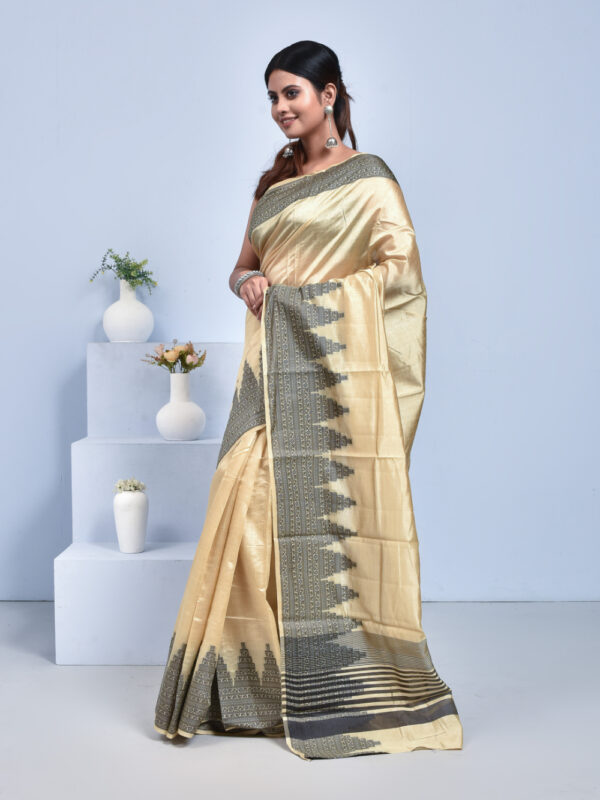 Beige Kanjeevaram Tussar Silk Saree with Temple Design Border - Image 4