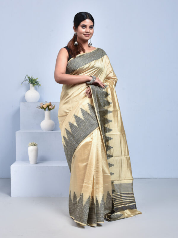 Beige Kanjeevaram Tussar Silk Saree with Temple Design Border - Image 3