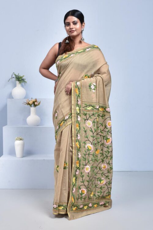 Beige Pure Cotton Saree with Hand Embroidered Floral Jaal Design