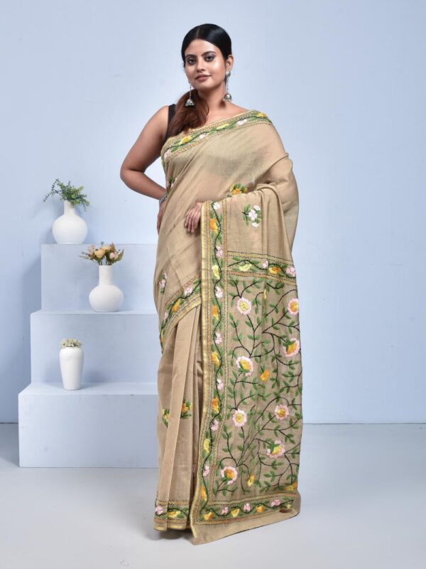 Beige Pure Cotton Saree with Hand Embroidered Floral Jaal Design