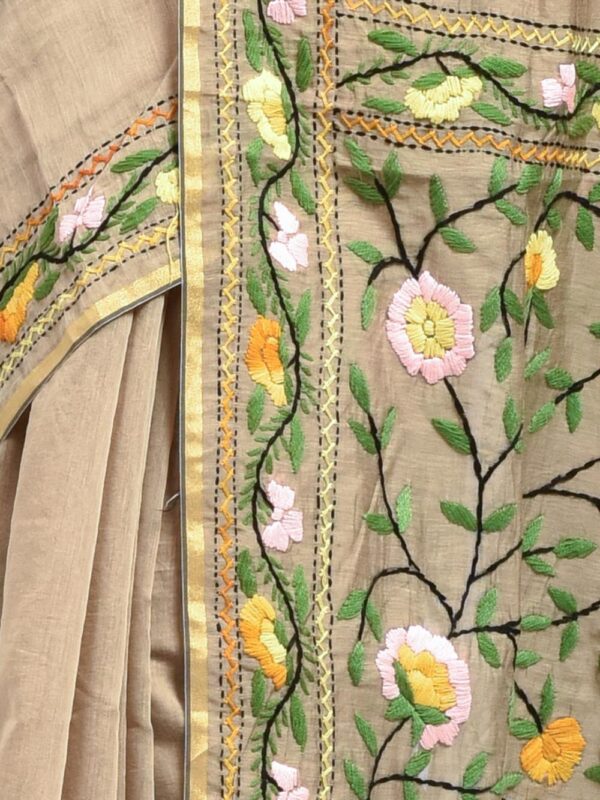 Beige Pure Cotton Saree with Hand Embroidered Floral Jaal Design - Image 6
