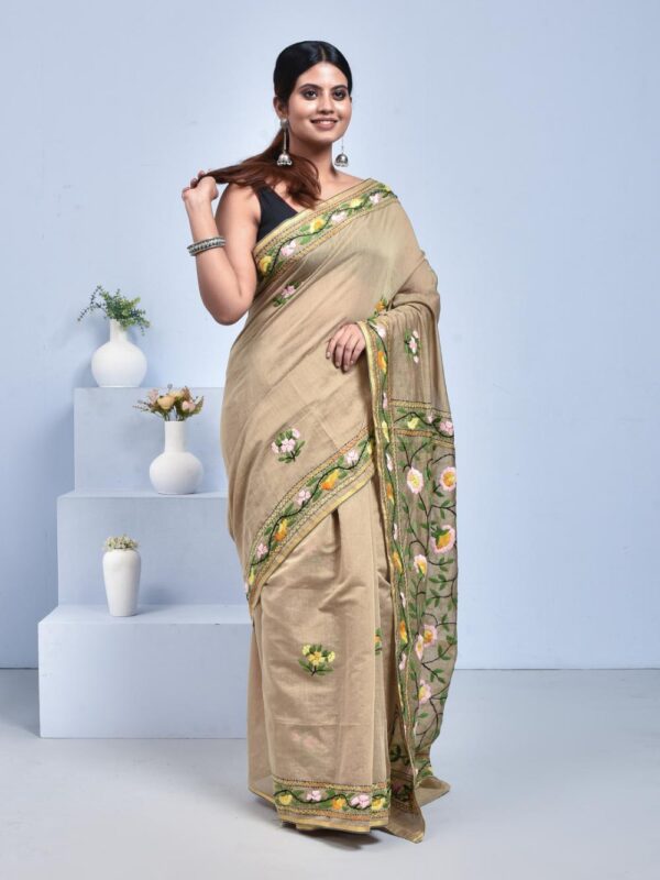 Beige Pure Cotton Saree with Hand Embroidered Floral Jaal Design - Image 4
