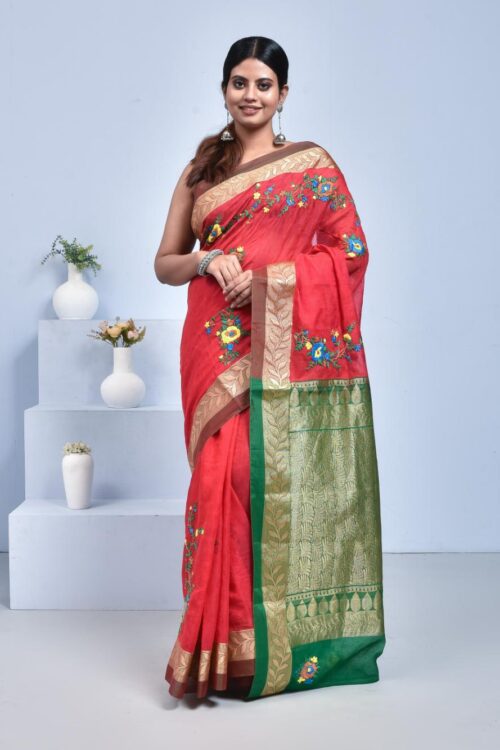 Red South Cotton Saree with Hand Embroidered Floral Design