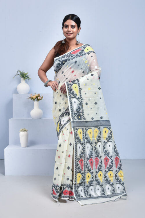 White Black Cotton Dhakai Jamdani Saree