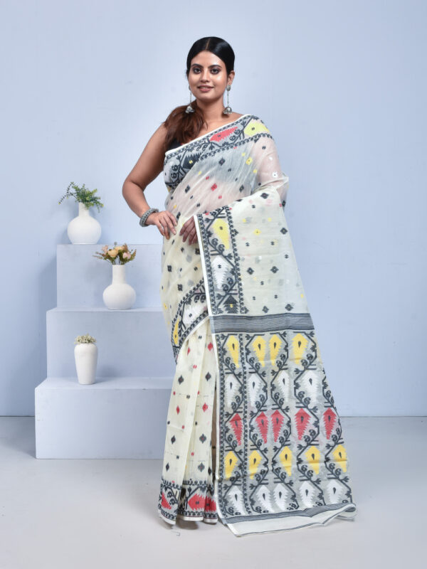 White Black Cotton Dhakai Jamdani Saree