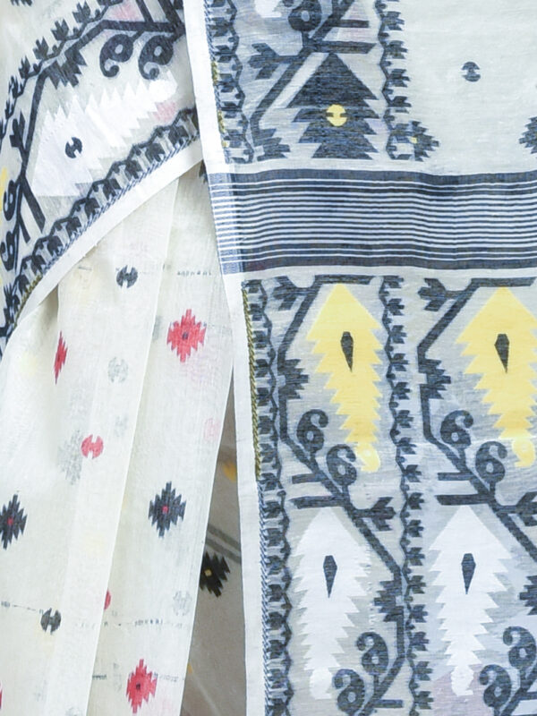 White Black Cotton Dhakai Jamdani Saree - Image 6