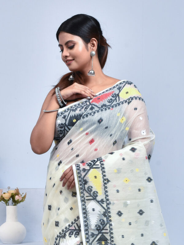 White Black Cotton Dhakai Jamdani Saree - Image 5