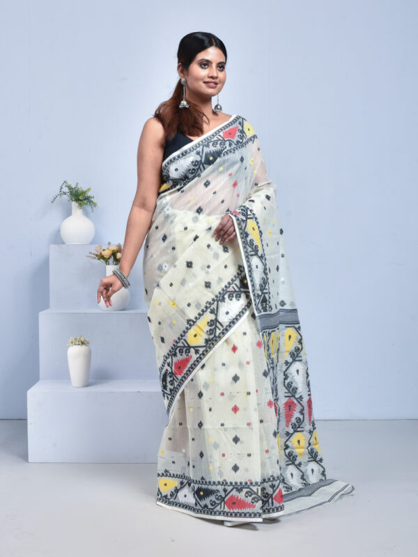 White Black Cotton Dhakai Jamdani Saree - Image 3