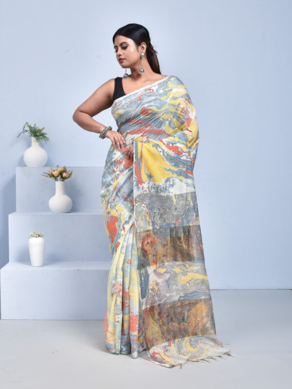 Gray Marble Print Linen Saree - Image 6