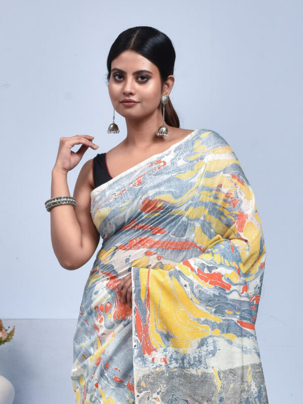 Gray Marble Print Linen Saree - Image 4