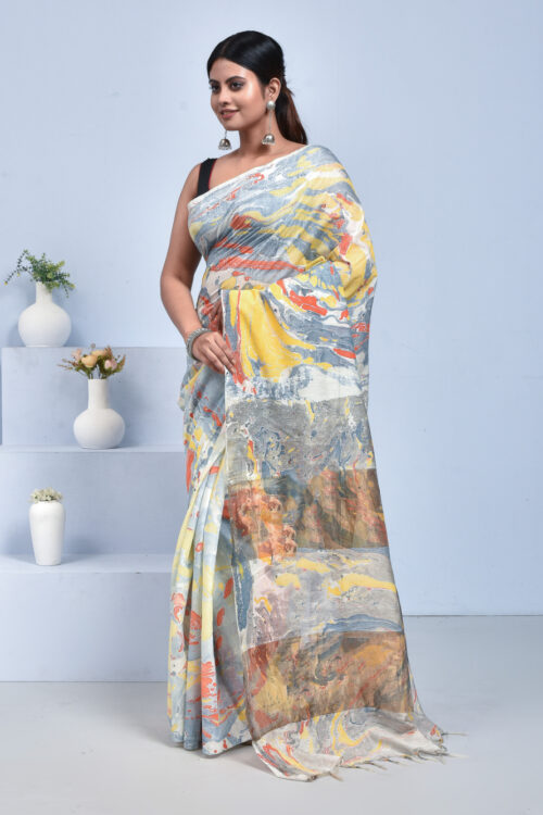 Gray Marble Print Linen Saree