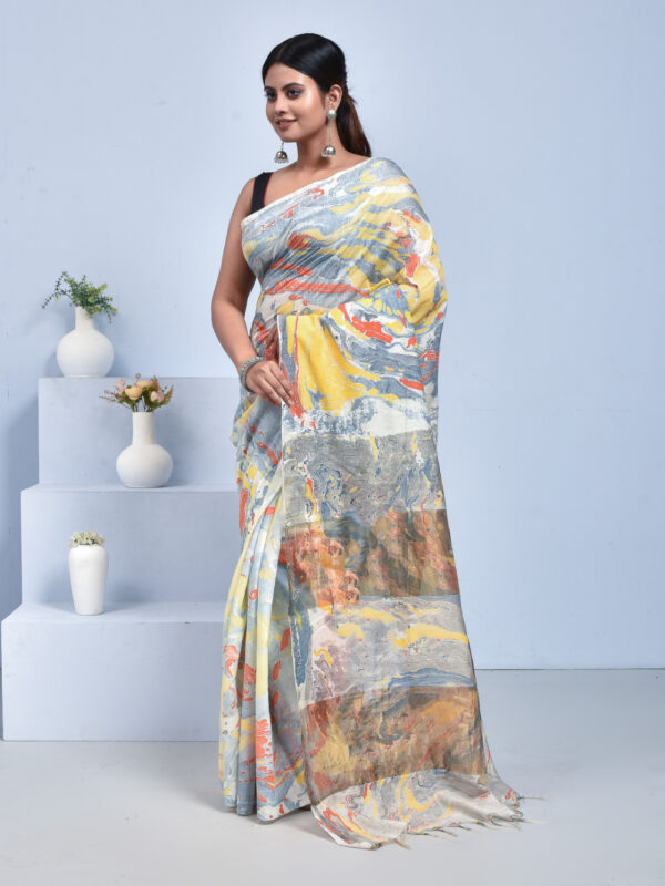 Gray Marble Print Linen Saree