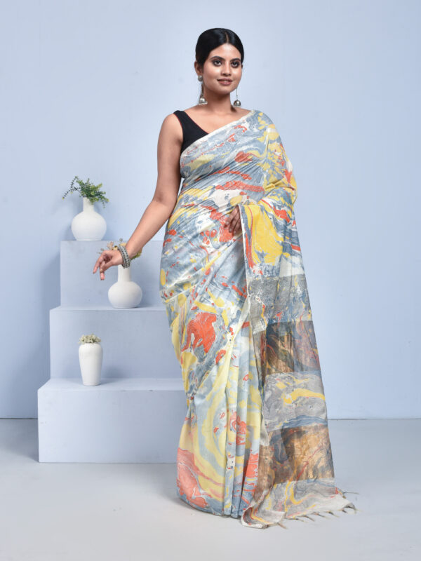 Gray Marble Print Linen Saree - Image 3