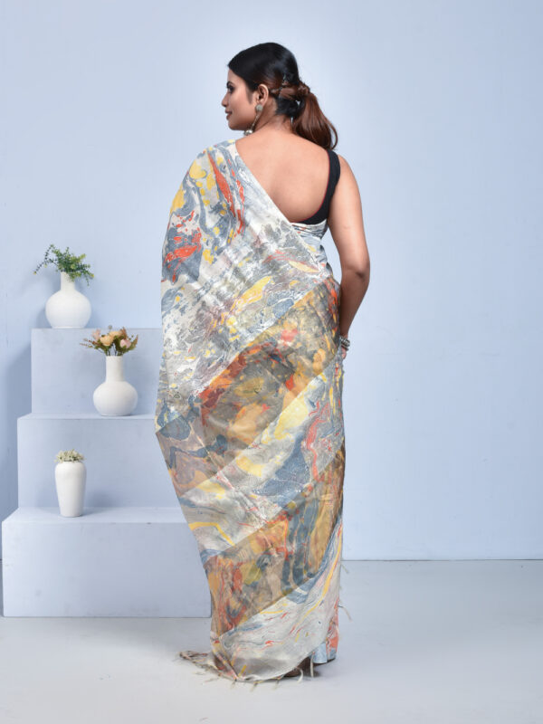 Gray Marble Print Linen Saree - Image 2