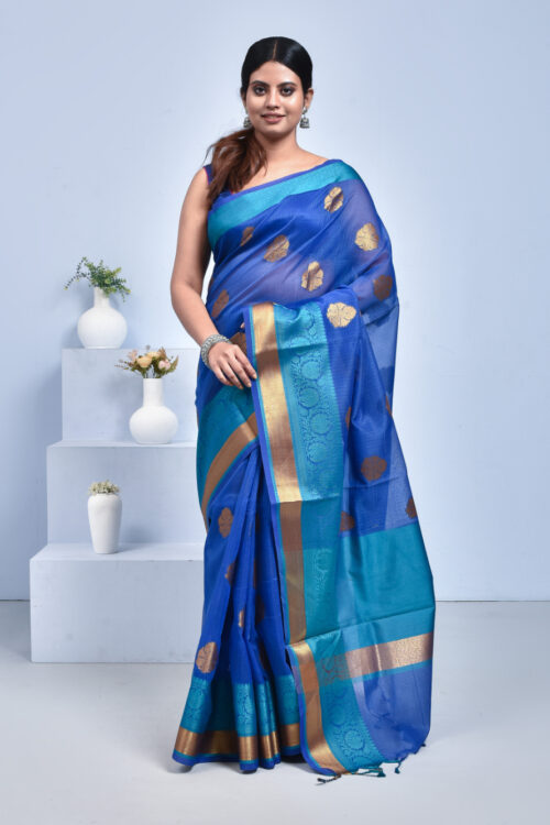 Royal Blue Banaras Kota Doria Saree with Floral Zari Work