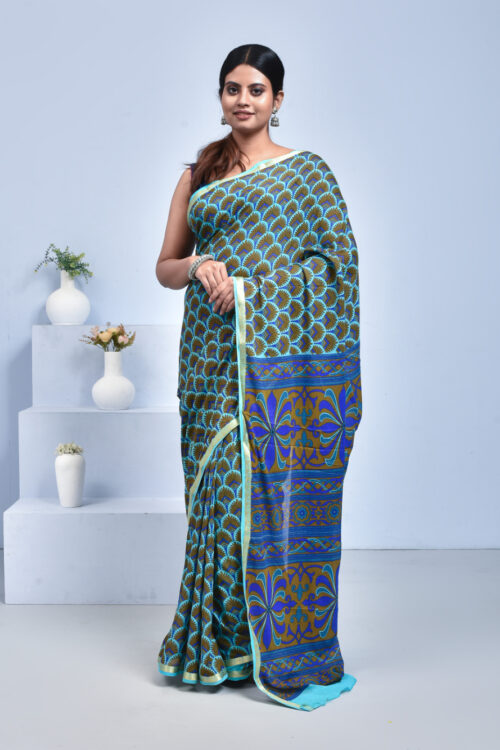 Blue Printed Georgette Saree