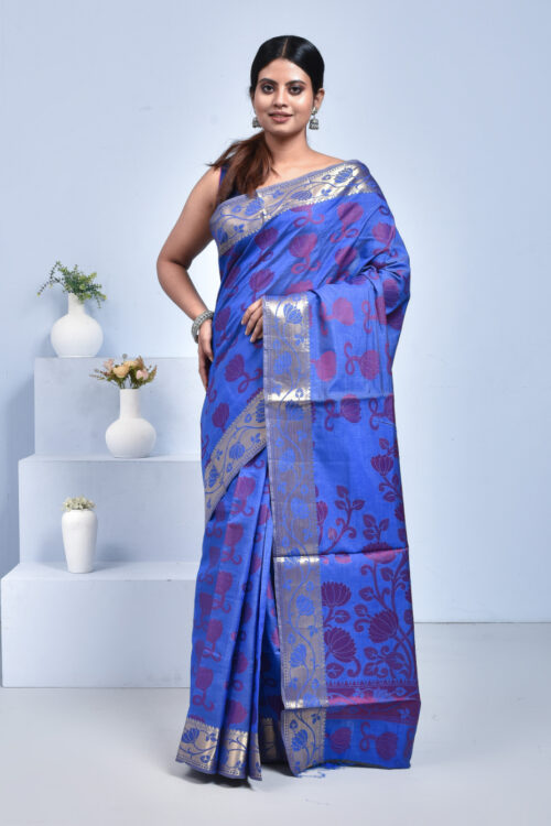 Royal Blue Banaras Pure Cotton Saree with Lotus Design