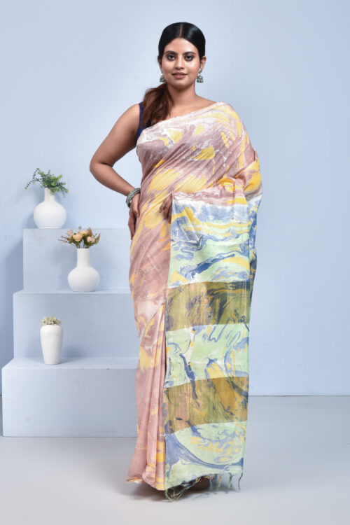 Light Brown Marble Print Linen Saree