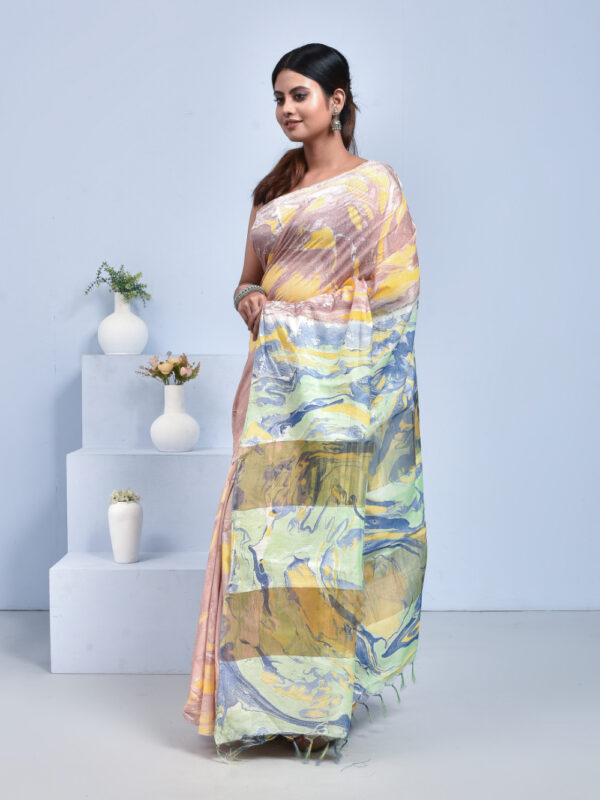 Light Brown Marble Print Linen Saree - Image 4