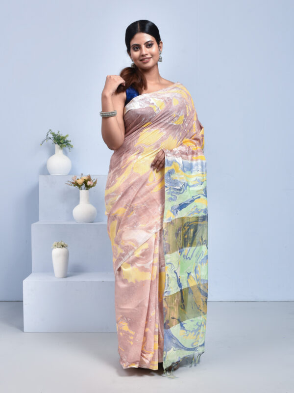 Light Brown Marble Print Linen Saree - Image 3