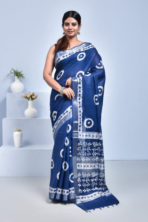 Navy Blue Batik Print Bhagalpur Linen Saree