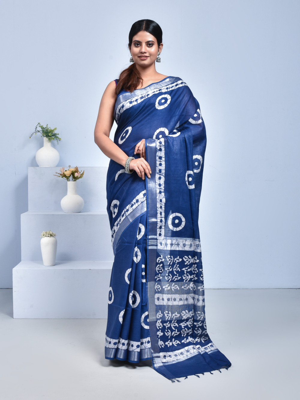 Navy Blue Batik Print Bhagalpur Linen Saree