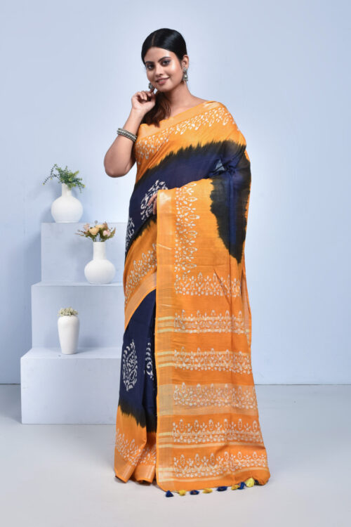 Navy Blue & Yellow Pure Cotton Saree with Batik Design