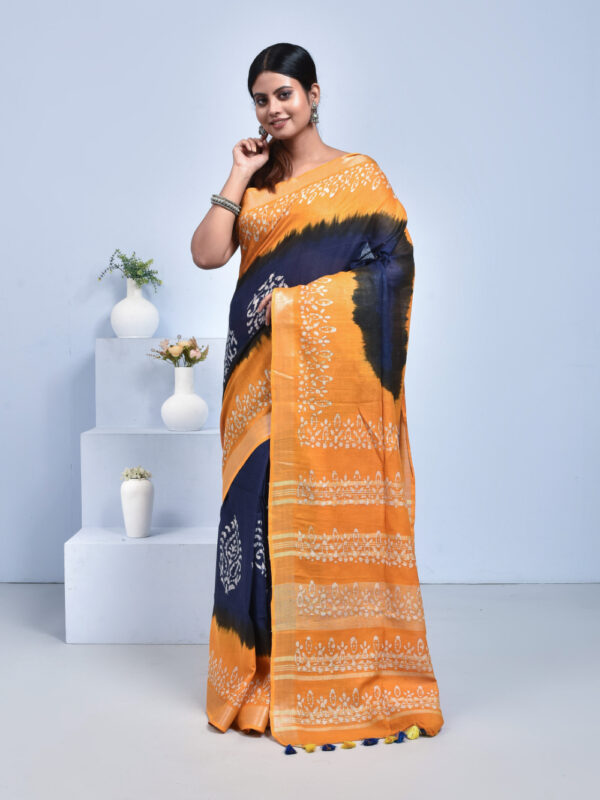 Navy Blue & Yellow Pure Cotton Saree with Batik Design
