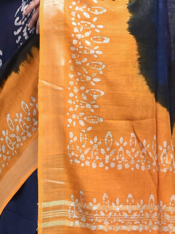 Navy Blue & Yellow Pure Cotton Saree with Batik Design - Image 6