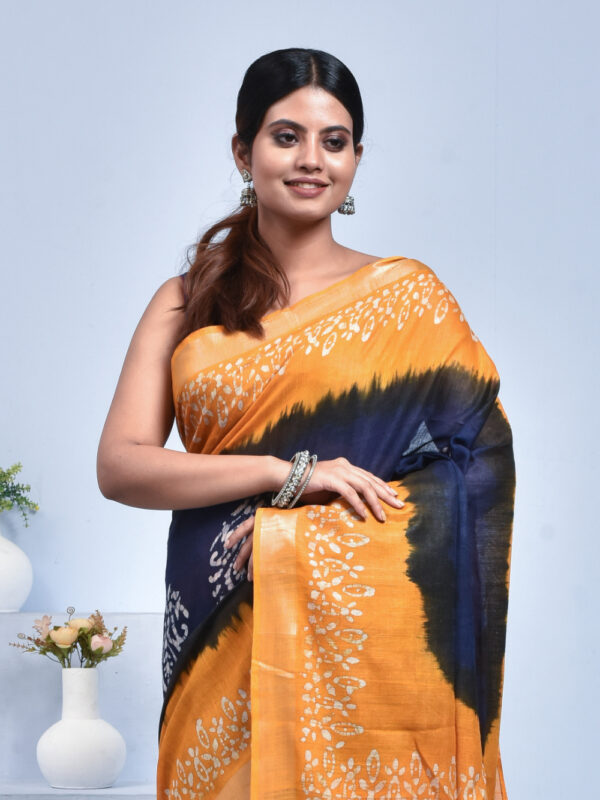 Navy Blue & Yellow Pure Cotton Saree with Batik Design - Image 5