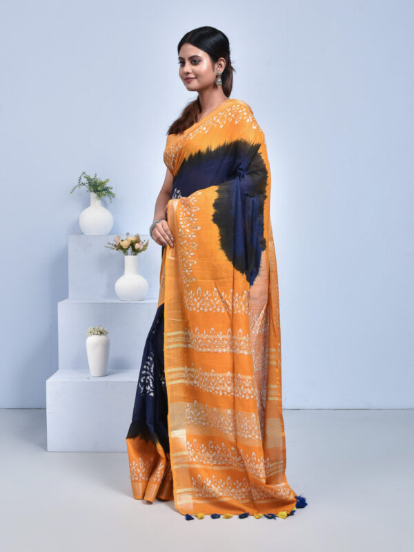 Navy Blue & Yellow Pure Cotton Saree with Batik Design - Image 4