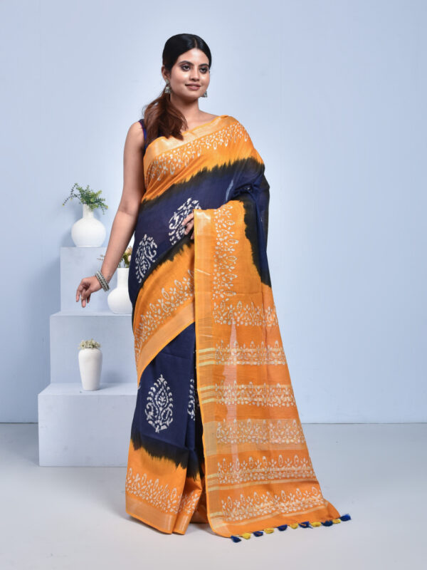 Navy Blue & Yellow Pure Cotton Saree with Batik Design - Image 3