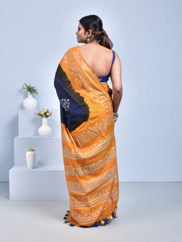 Navy Blue & Yellow Pure Cotton Saree with Batik Design - Image 2