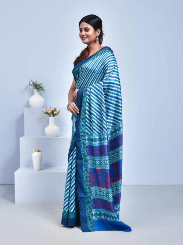 Blue Striped Manipuri Semi Silk Saree - Image 4